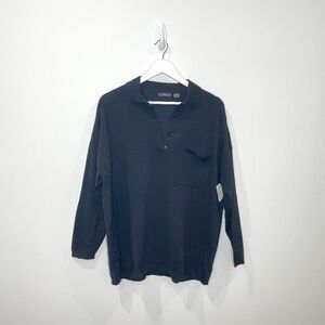 RDI Long Sleeve Chest Pocket 4-Button Oversized Polo Shirt Black